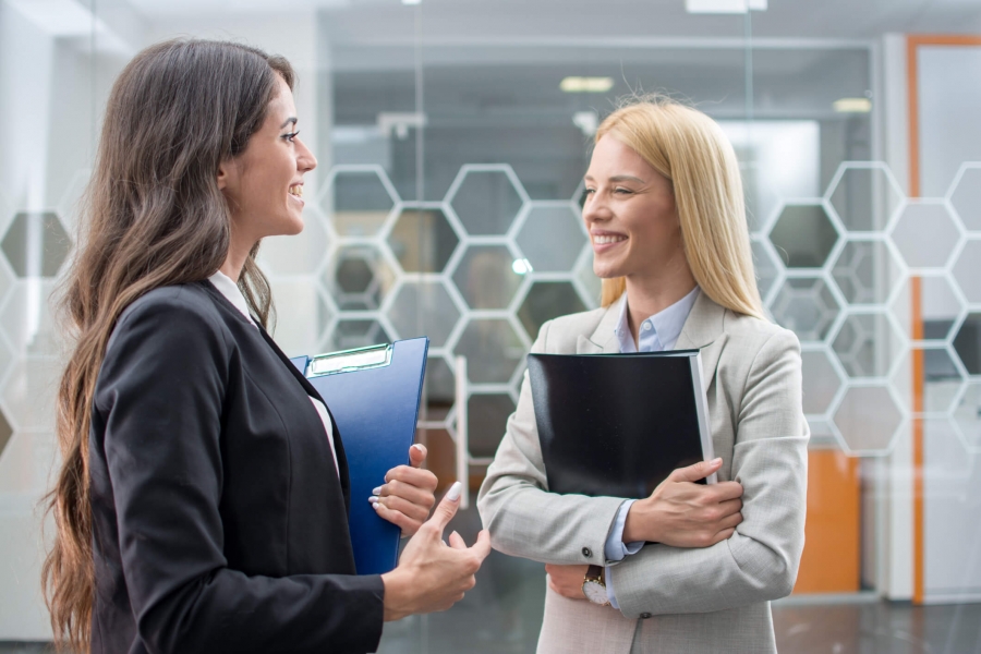 Two professional women conversing in an office, sharing ideas and collaborating on a project.