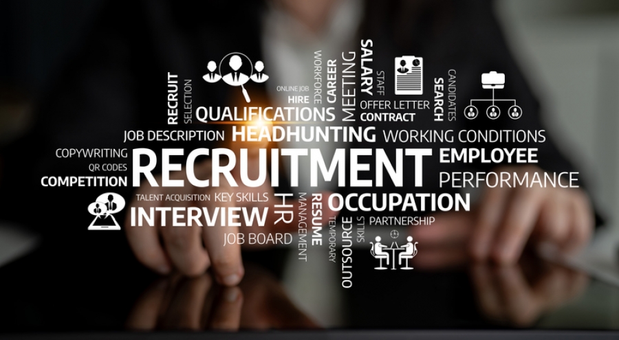 Recruitment concept showing a business professional interacting with a digital interface displaying words including recruitment, headhunting, interview, qualifications, employee, and occupation.